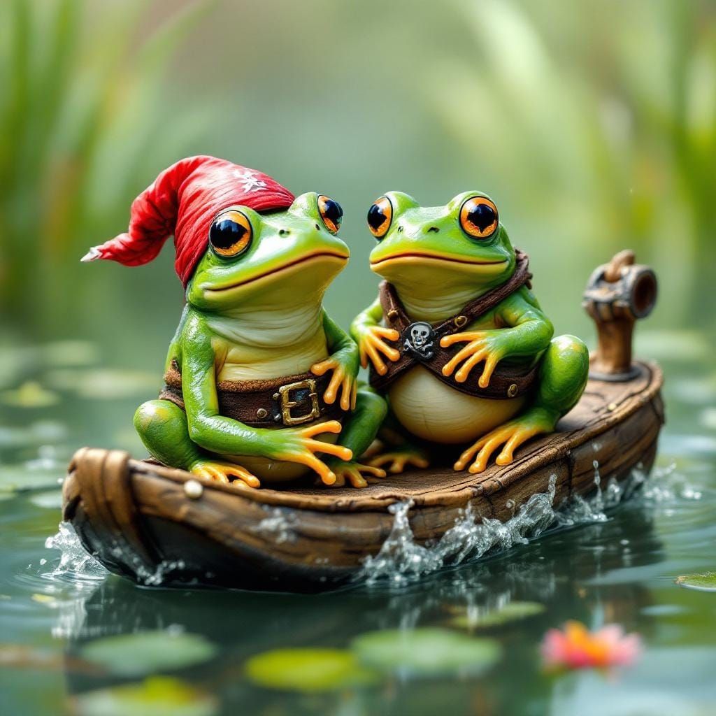Two Pirate Frogs Sail a Sandal on a Pond