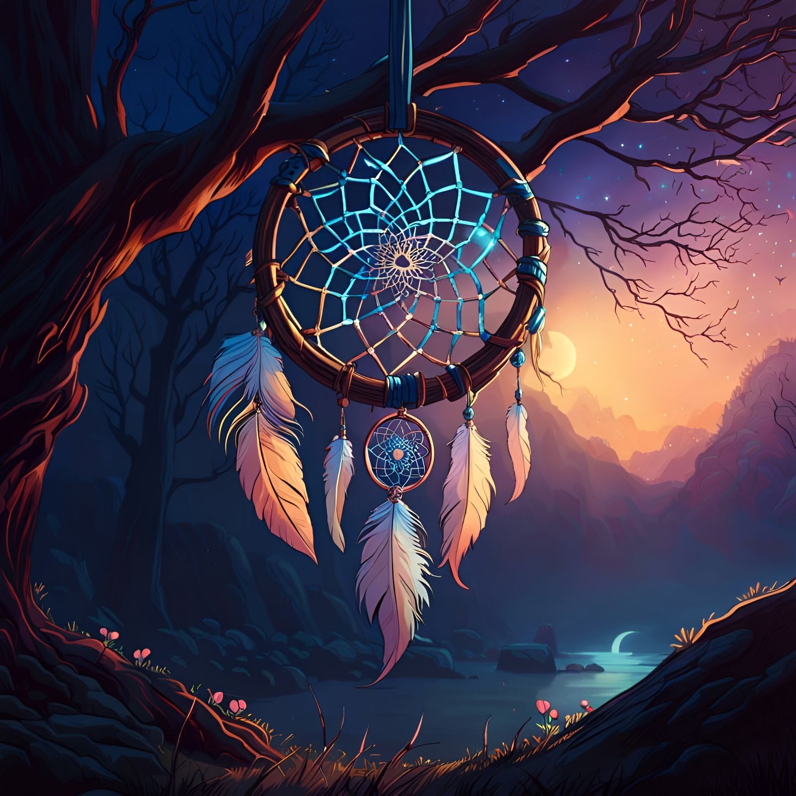 Dreamcatcher on Young Tree in Digital Art Style