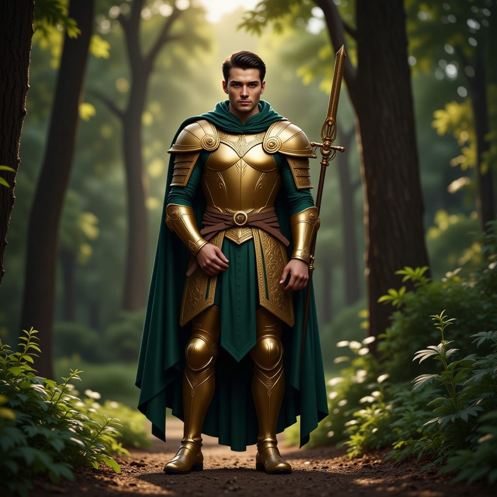 Siegfried in Golden Armor in Shaded Forest