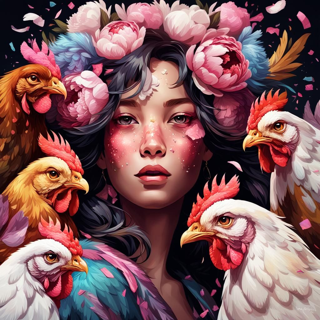 Chickens and Peonies in Colorful Chaos, Art Nouveau