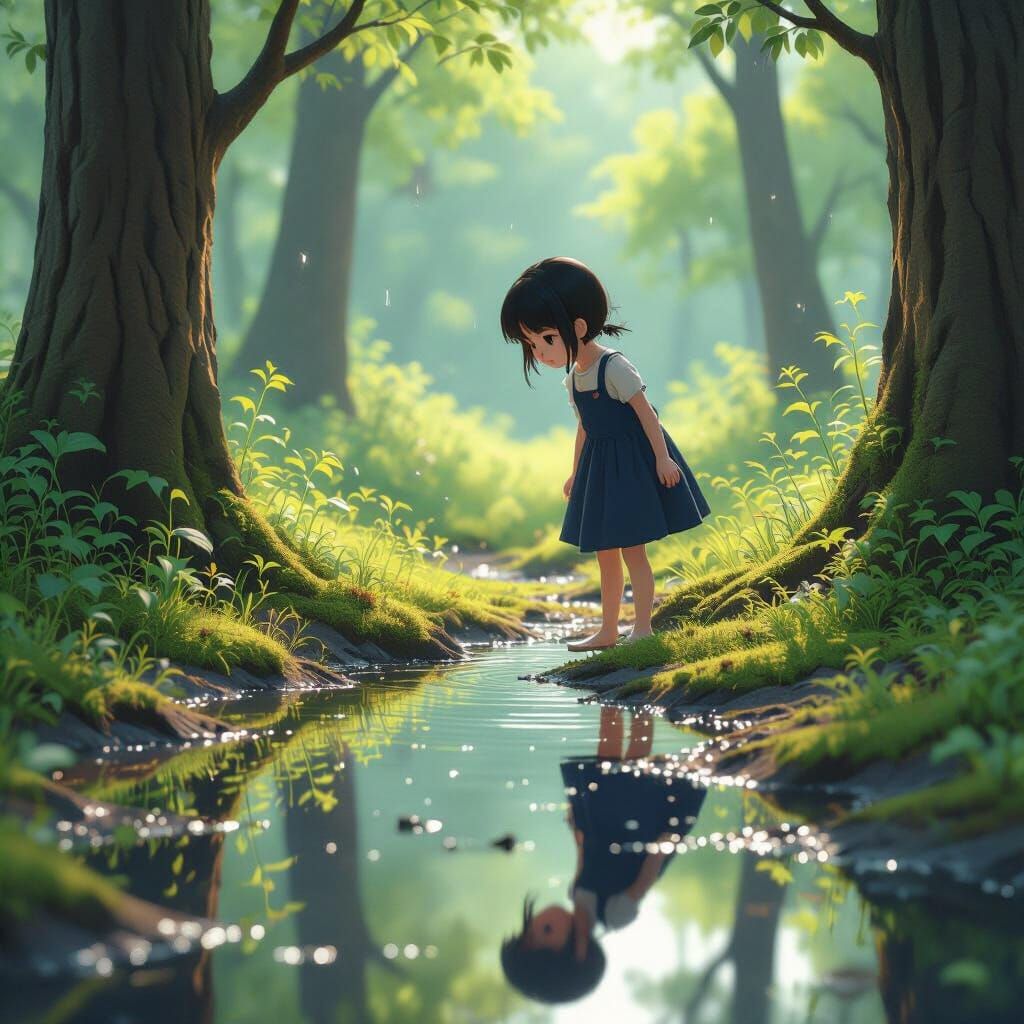 Asian Girl Reflects Forest Clearing in Still Puddle