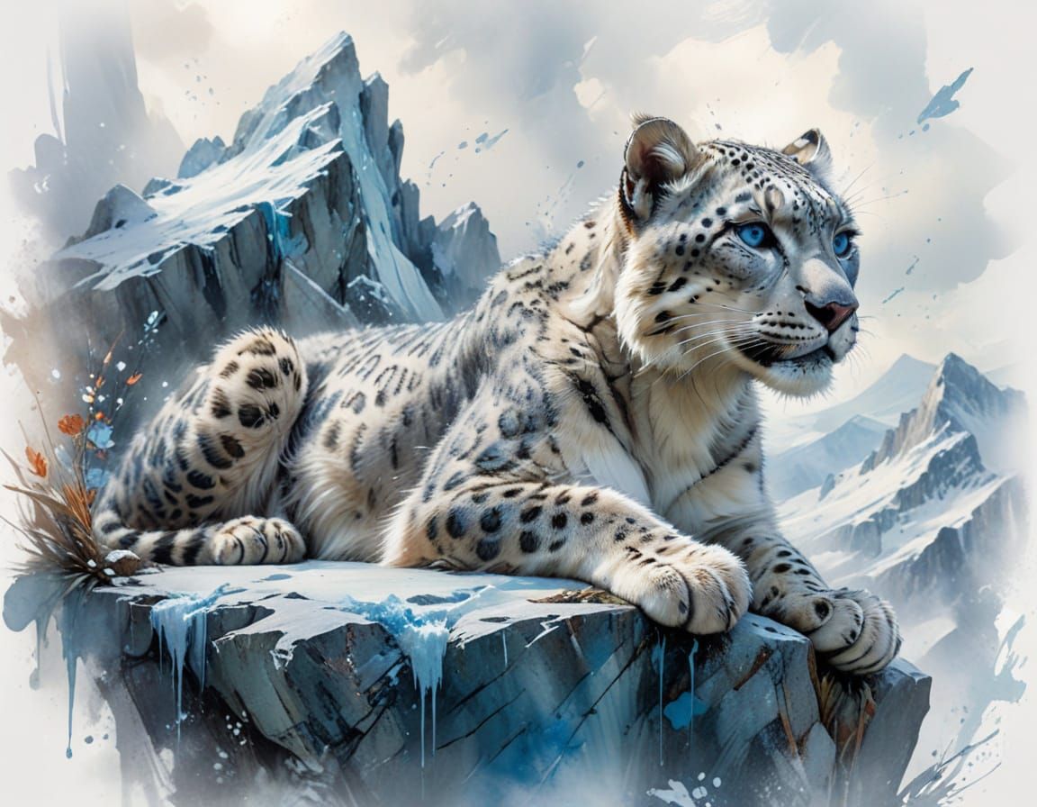 Snow Leopard on Mountain Ledge in Watercolour Style