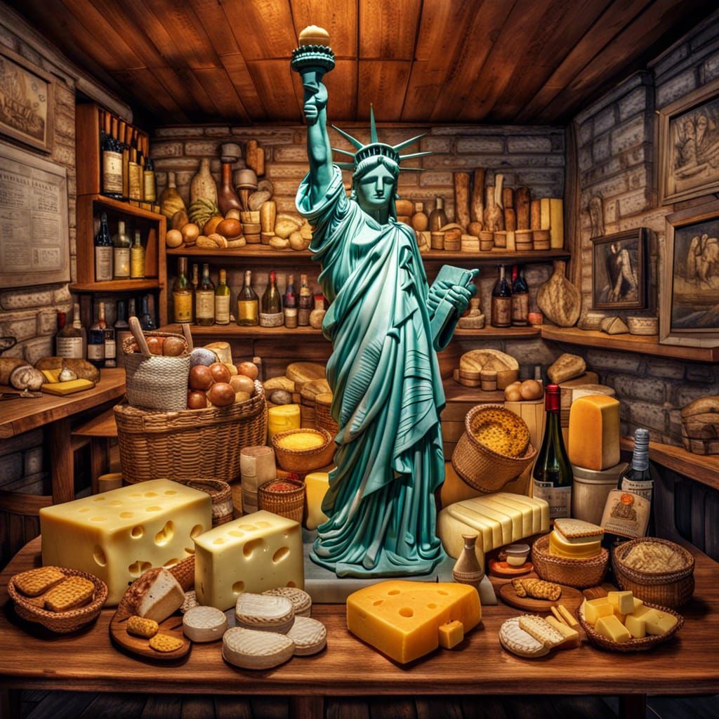 Cheese Statue of Liberty with Wine and Bread