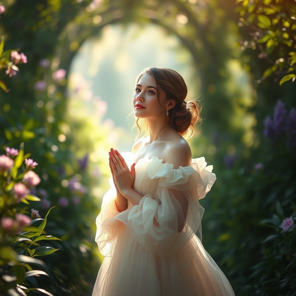 a digital painting of a young woman with nature allure, clot...