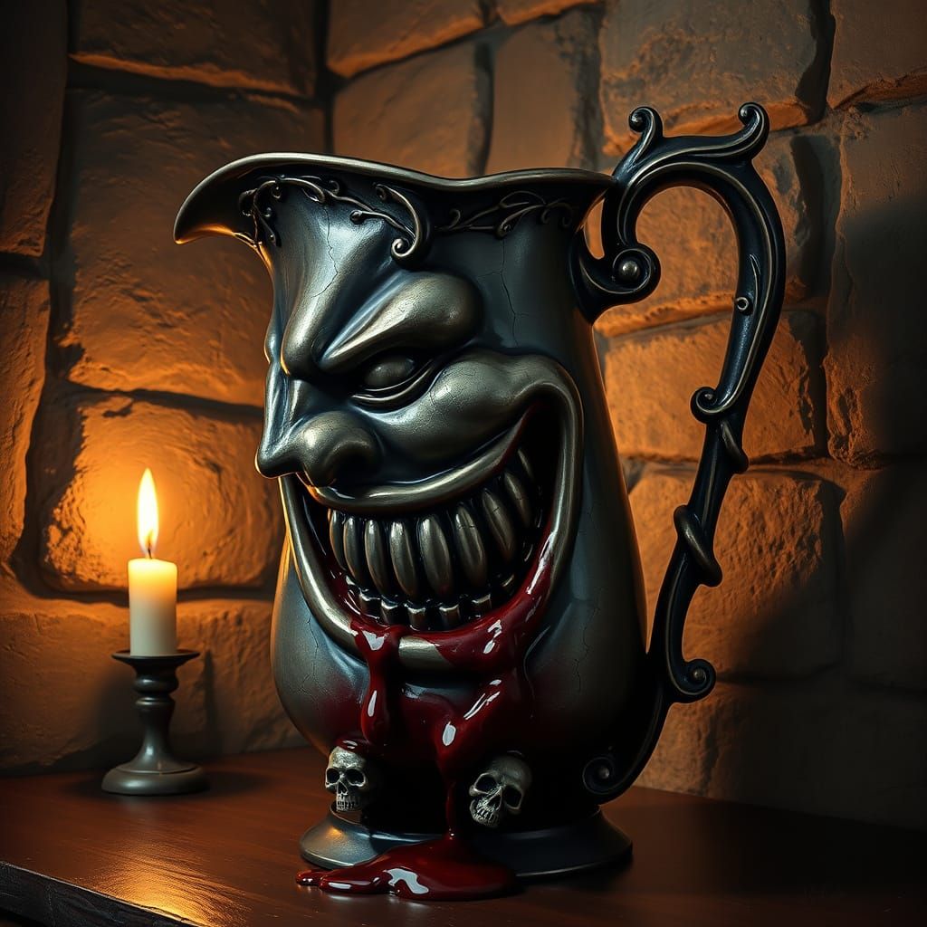 Victorian Gothic Ceramic Pitcher with Eerie Smile