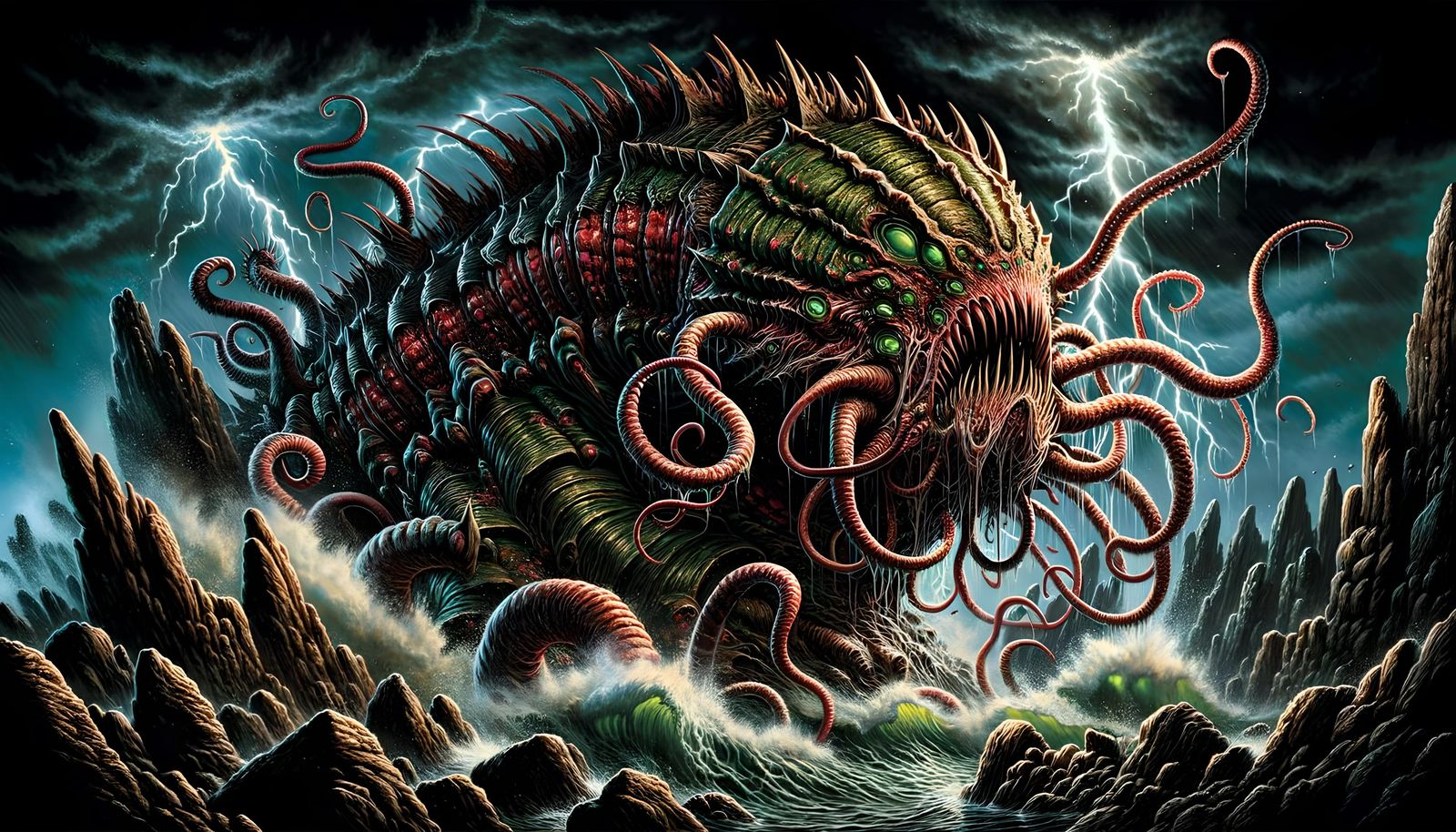 Nightmarish Sea Monster Emerges from Stormy Shore