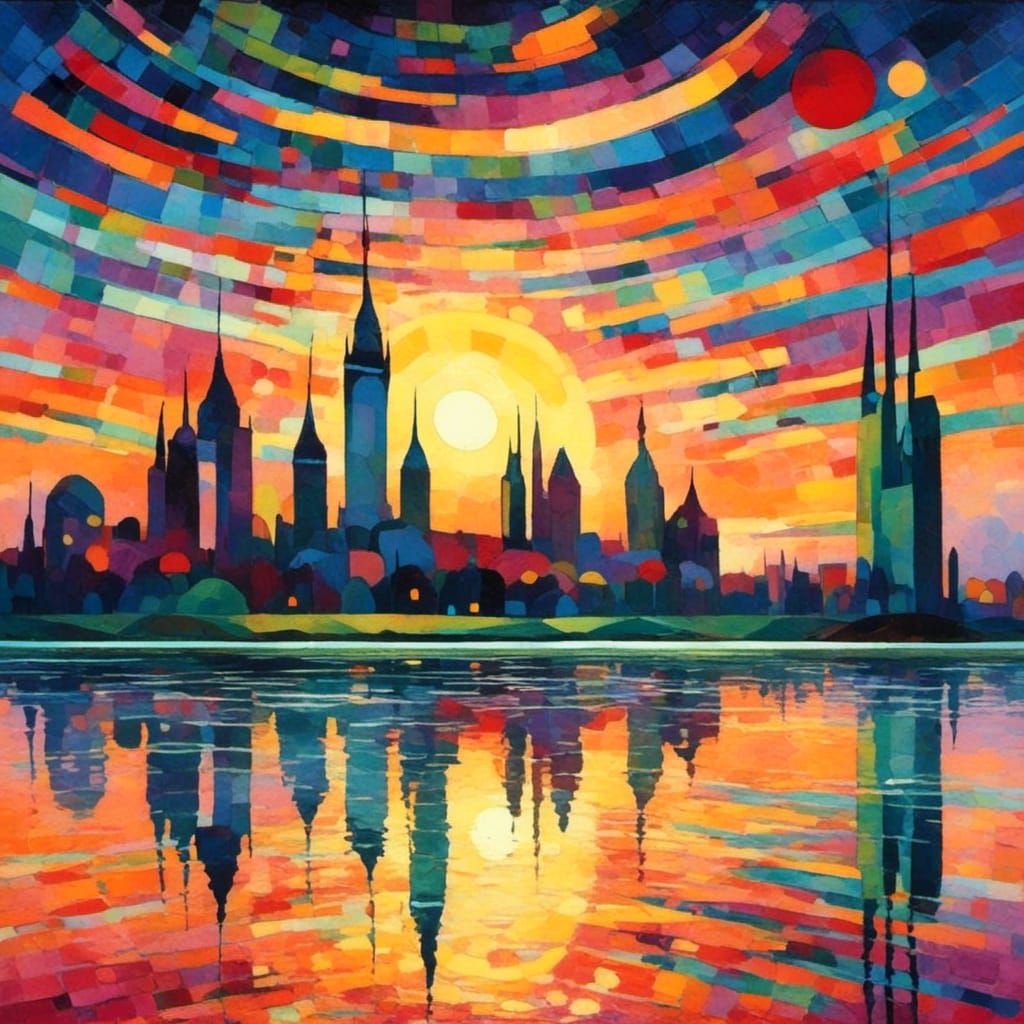 a folk style city skyline on the horizon, backlit, sun high ...