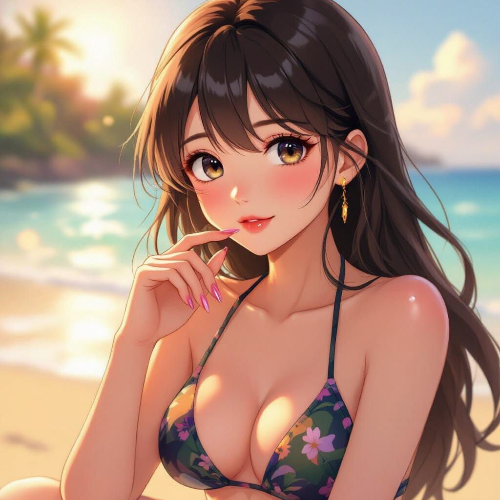 Anime Girl on Tropical Beach at Golden Hour