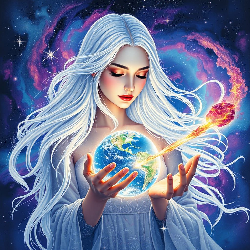 Cosmic Goddess with Luminous Locks and Celestial Gown