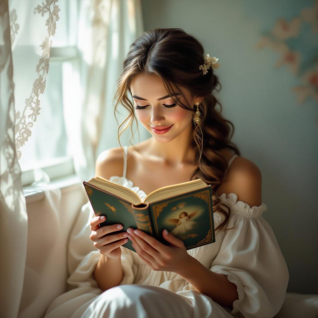 Woman with Fairy Tale Book in Romantic Style