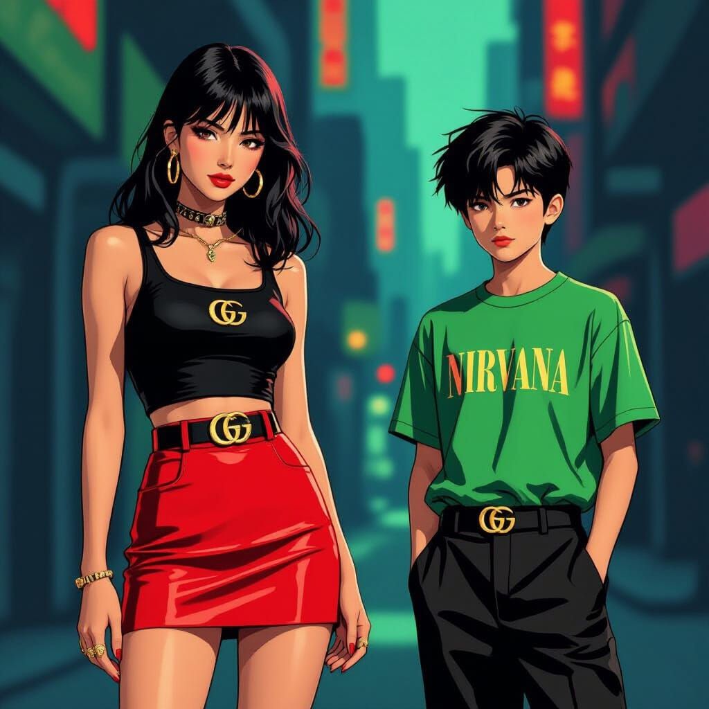 Retro-Futuristic Duo in Bold Neon Accents