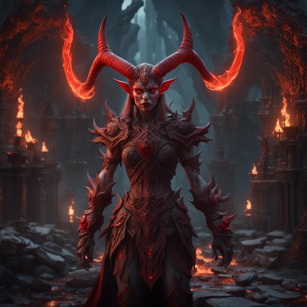 Striking Female Demon with Red Horns in 8k