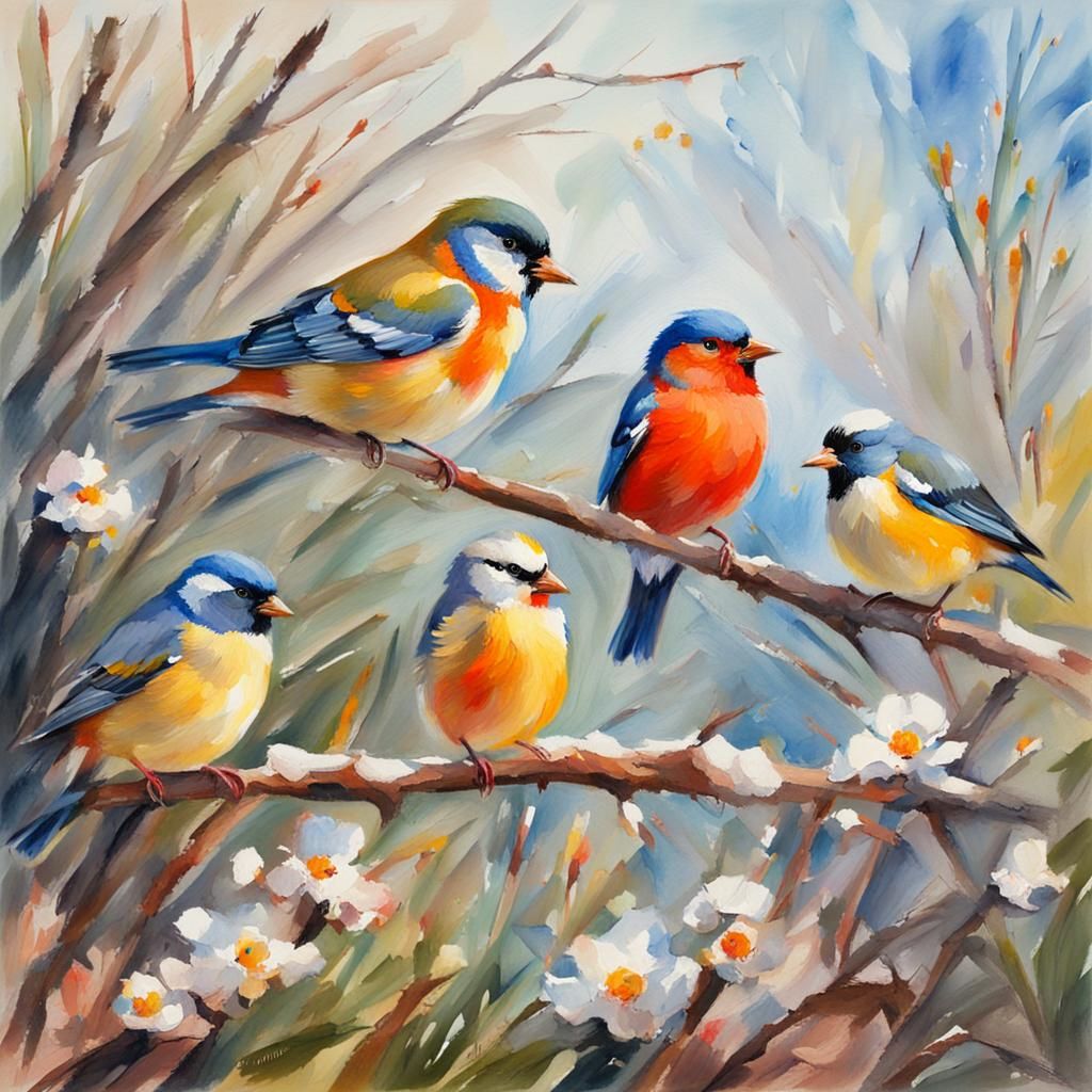 Birds Waiting for Spring in Gouache Impressionist Style