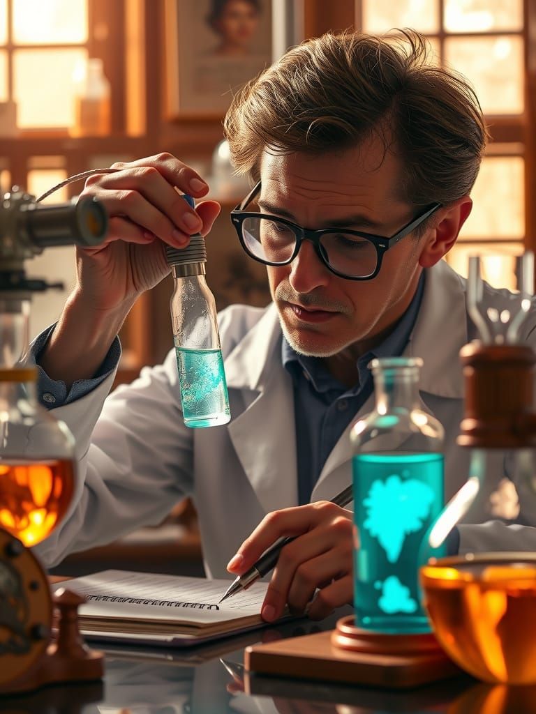 Scientist Analyzing Glowing Potions in Cozy Luminous Lab