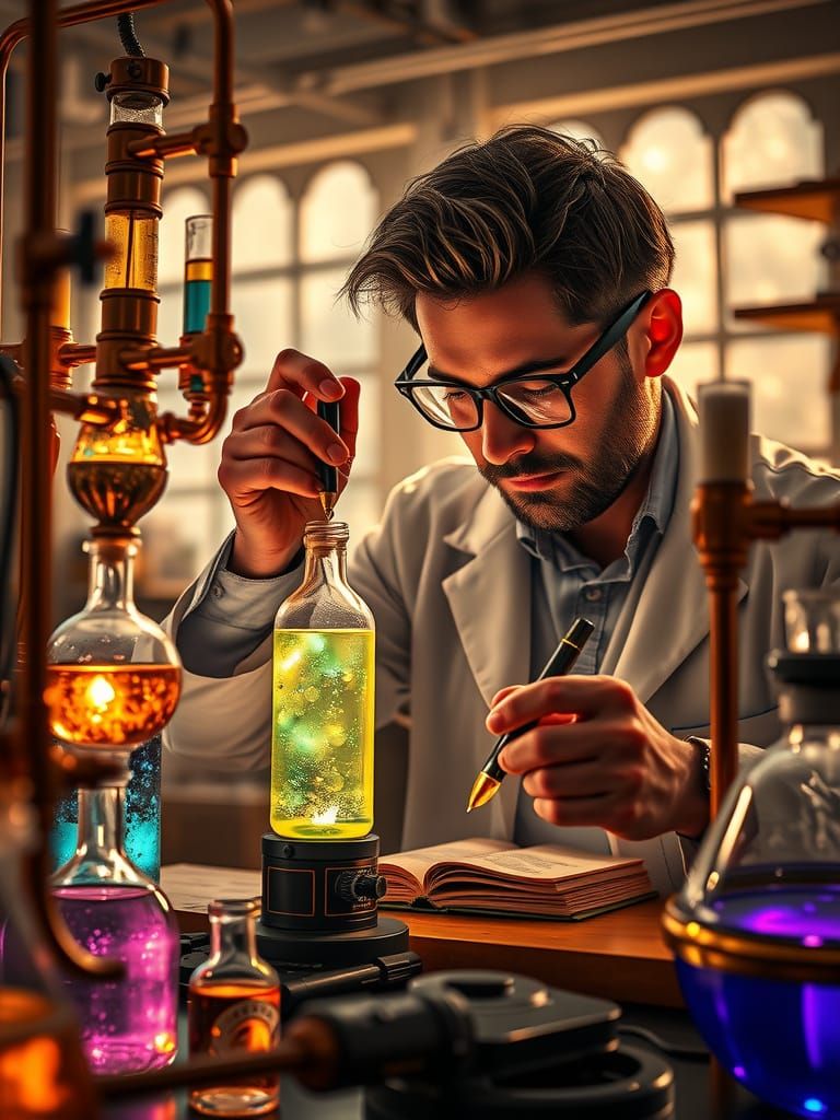 Scientist Analyzing Glowing Potions in Cozy Lab