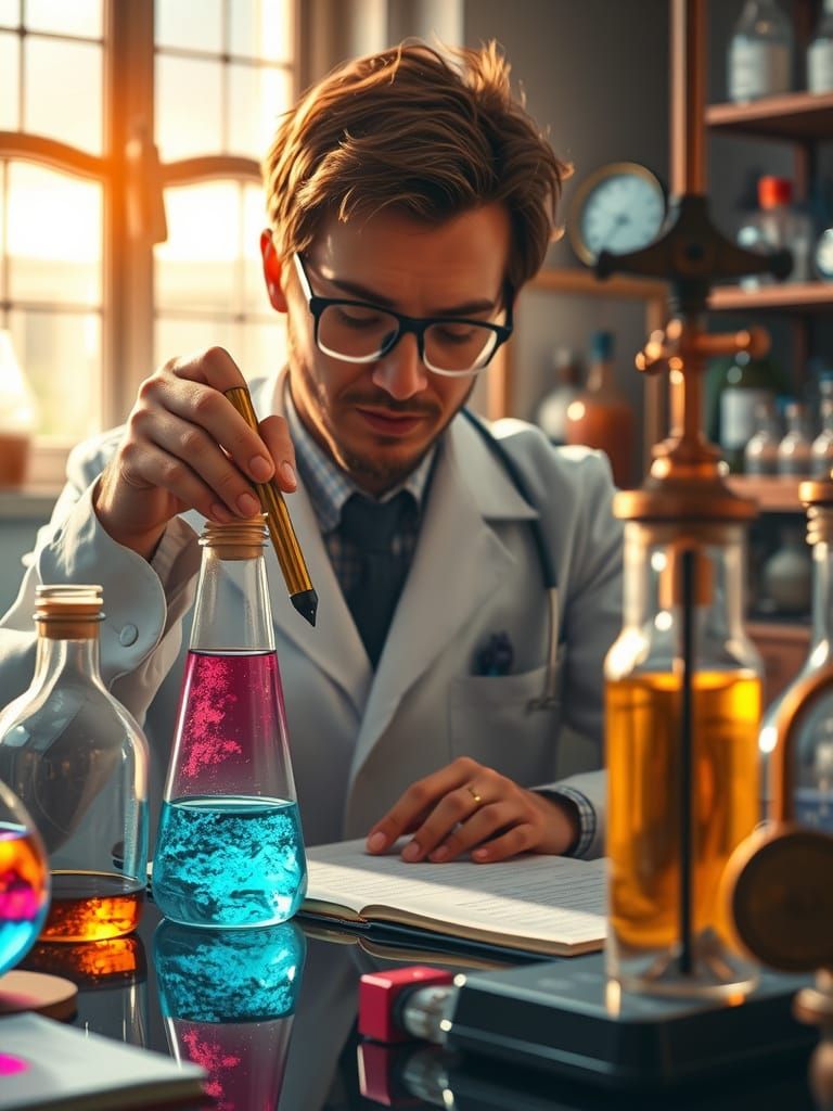 Scientist Analyzing Glowing Potions in Cozy Lab