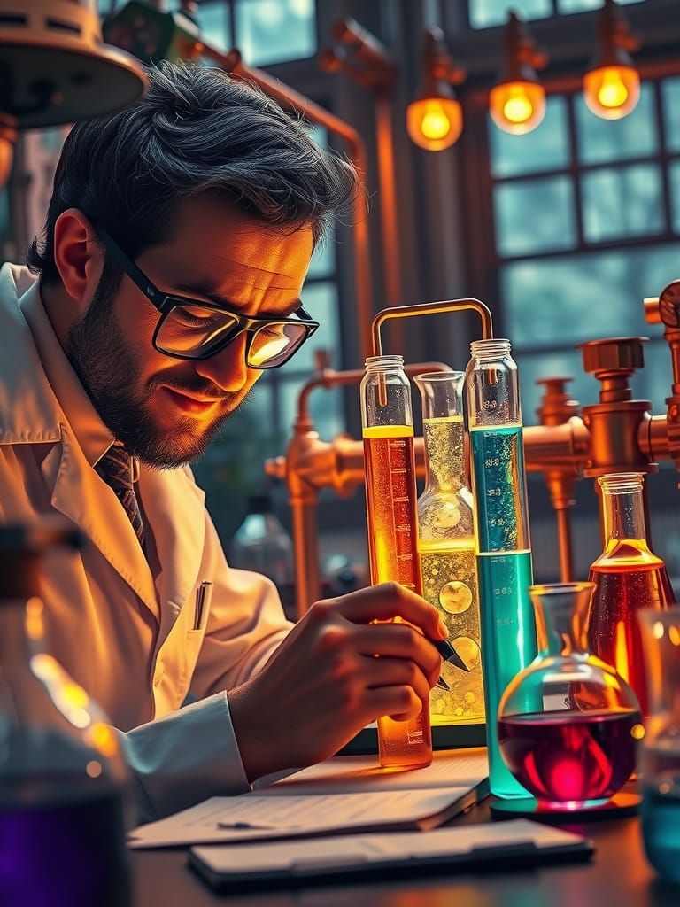 Scientist Analyzing Glowing Potions in Cozy Lab