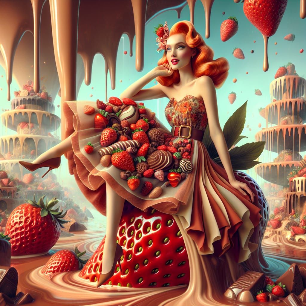 Redhead Pin-Up Girl on Strawberry in Chocolate World