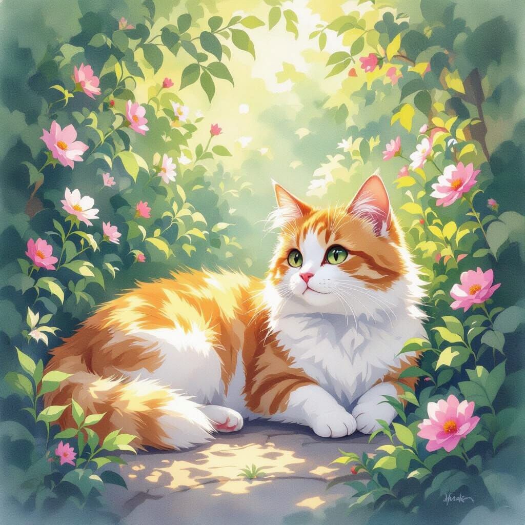 Watercolor Cat Lounging in Sun-Dappled Garden