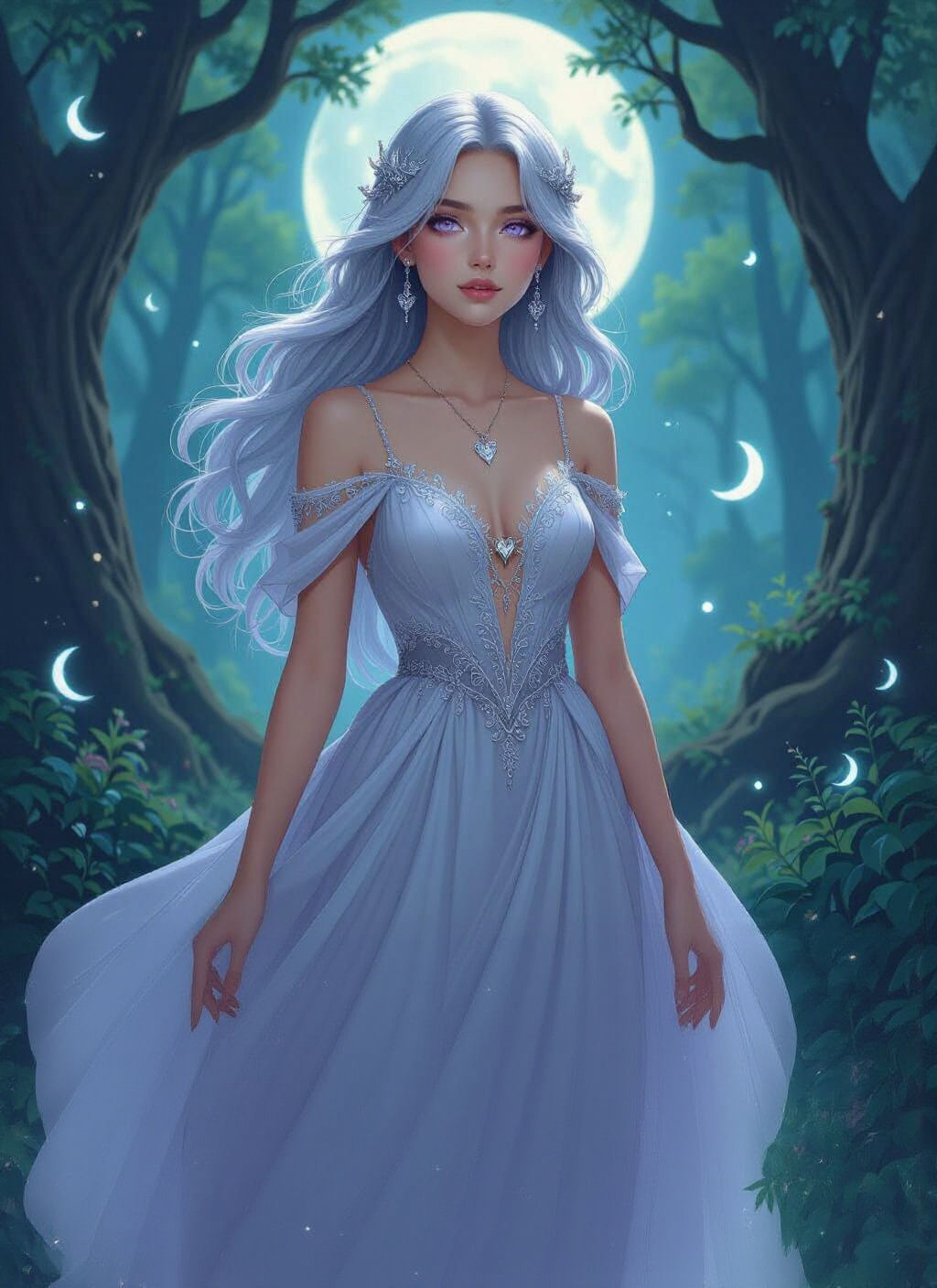 Ethereal Moonlit Forest Scene in Art Nouveau Style
