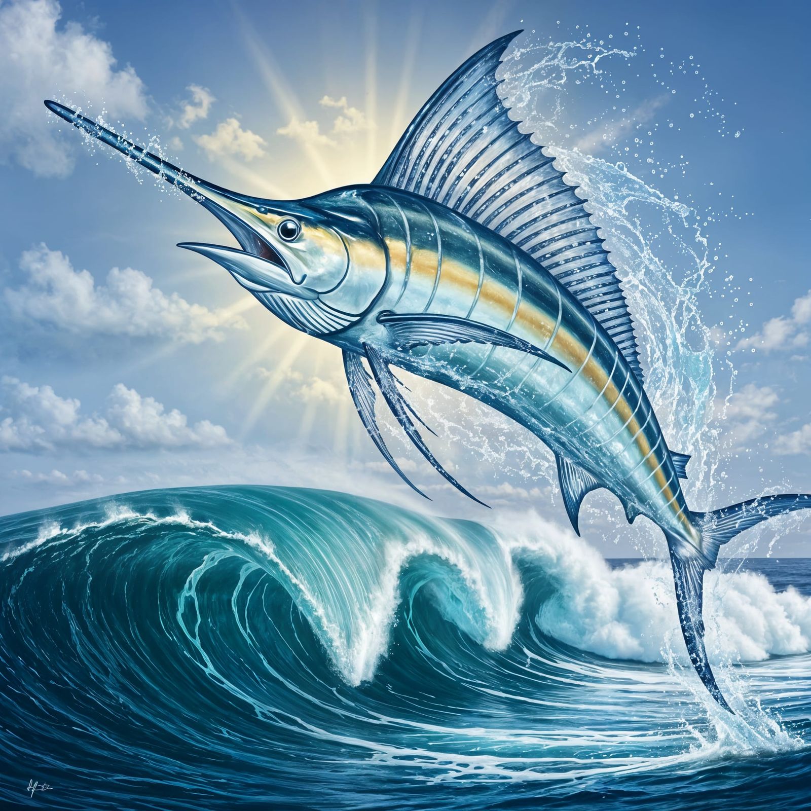 Blue Marlin Made of Seawater Leaping Over Waves
