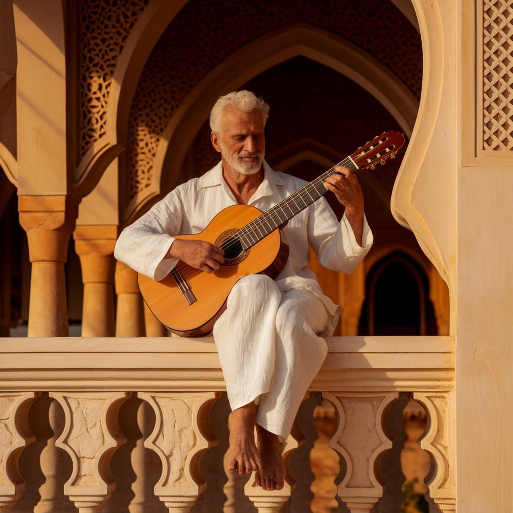 Mature Man Plays Guitar in Moorish Palace