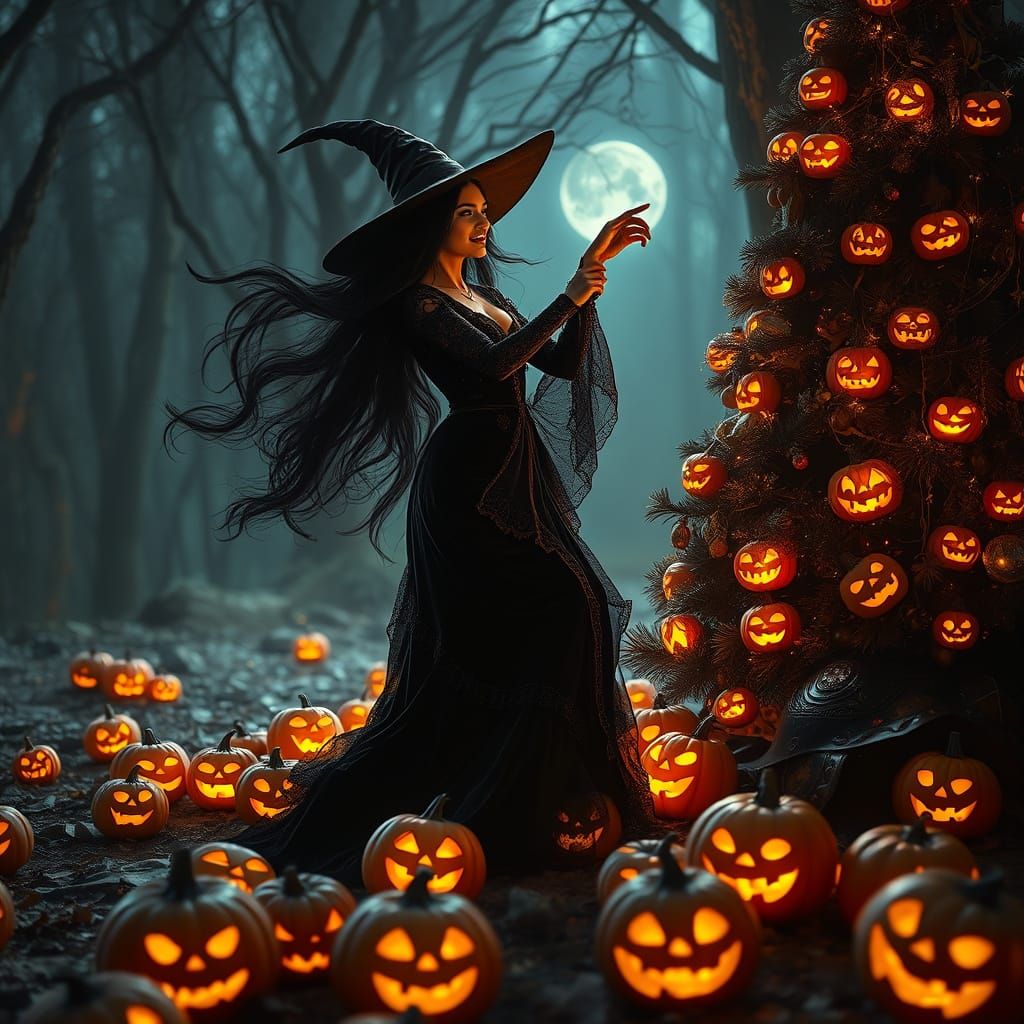 Witch Dancing with Enchanted Tree and Jack O'Lanterns
