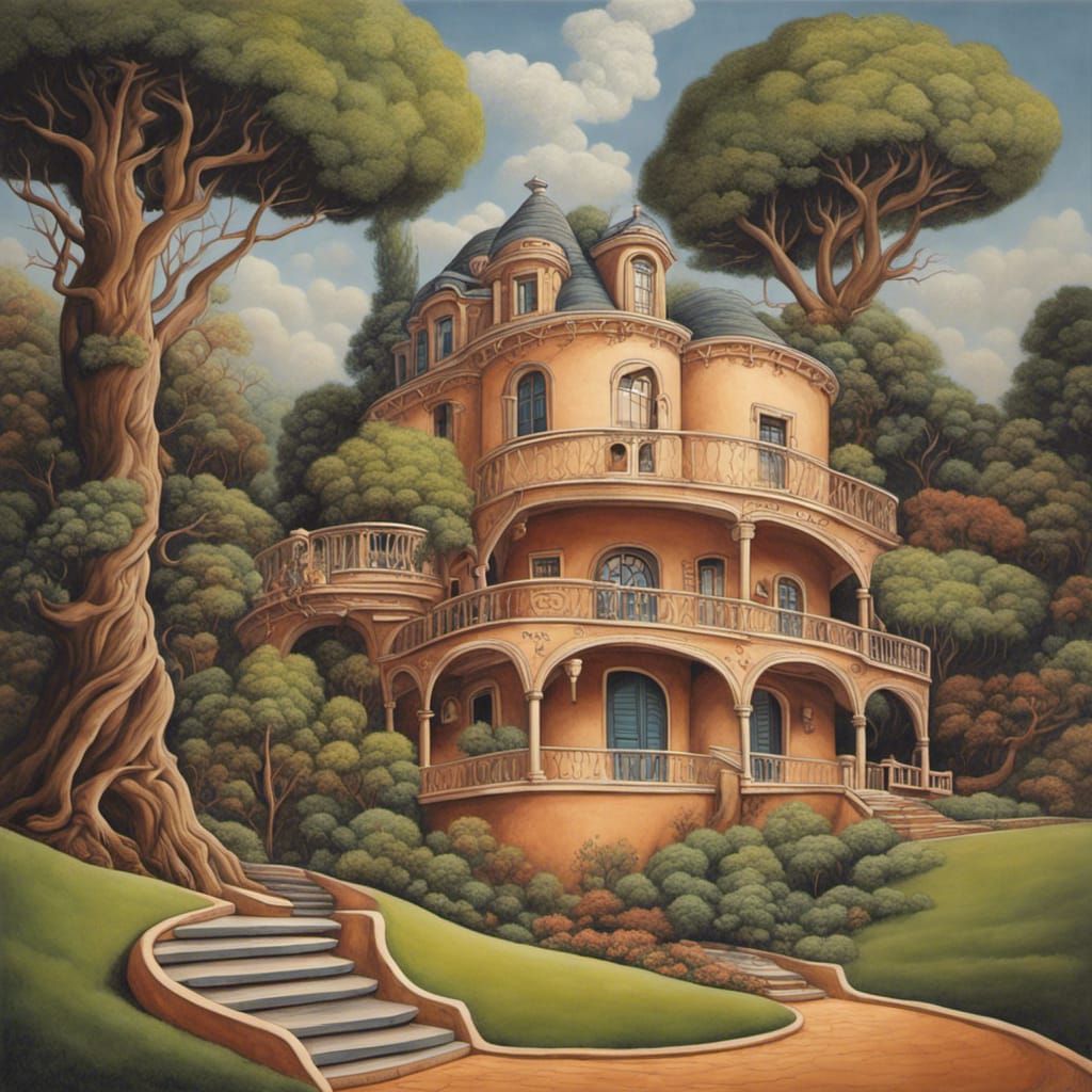 Serene House on a Hill in Surrealist Style