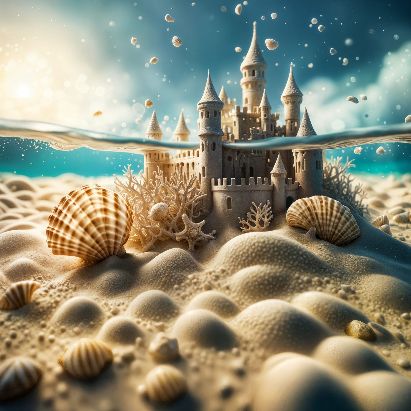 Underwater Sandcastle with Shells: Hyperrealistic Studio Pho...