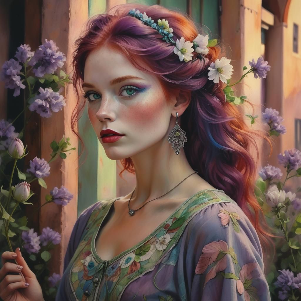 Red Haired Woman Line Drawing with Floral Accents