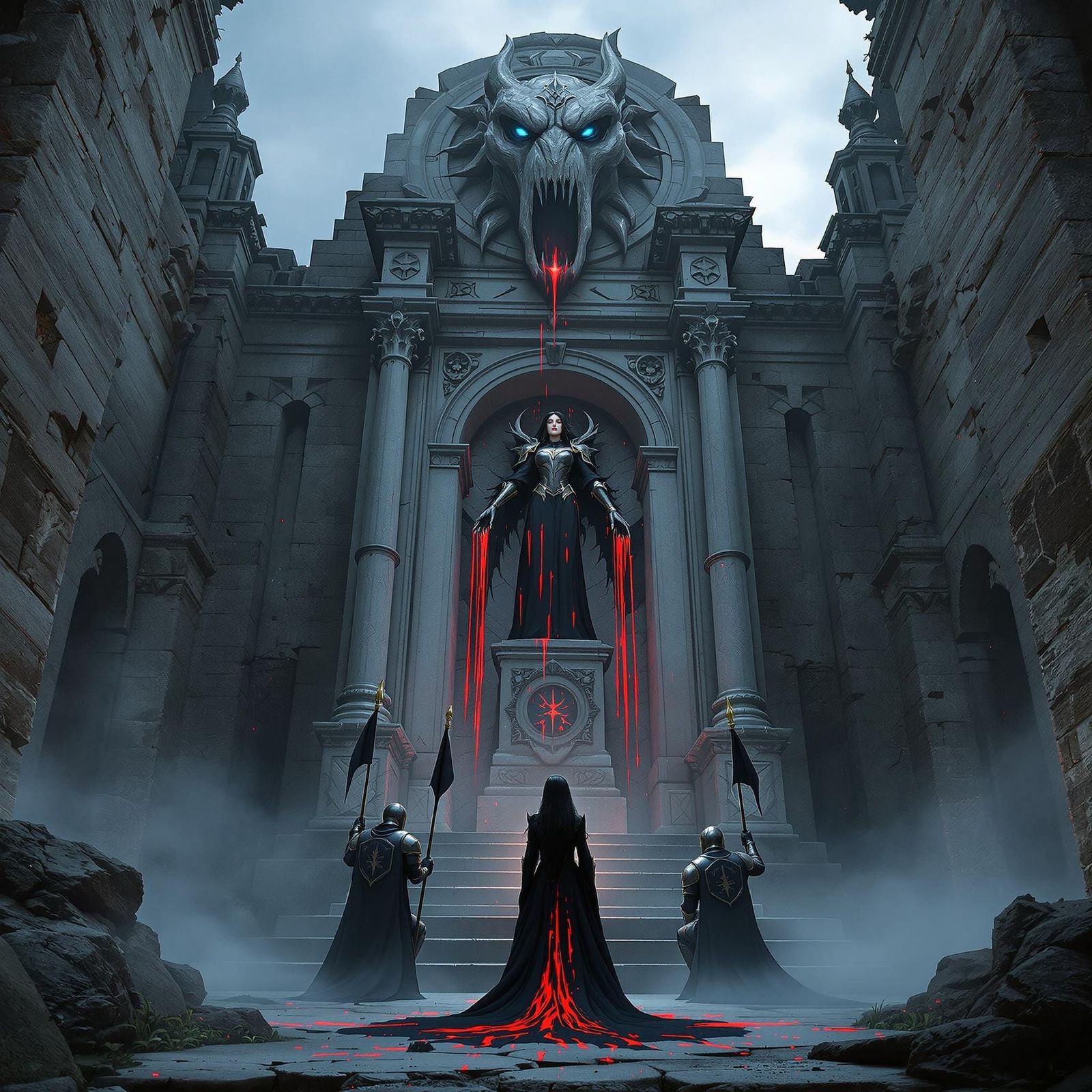 Sorrowful Woman at Knight's Tomb in Dark Fantasy