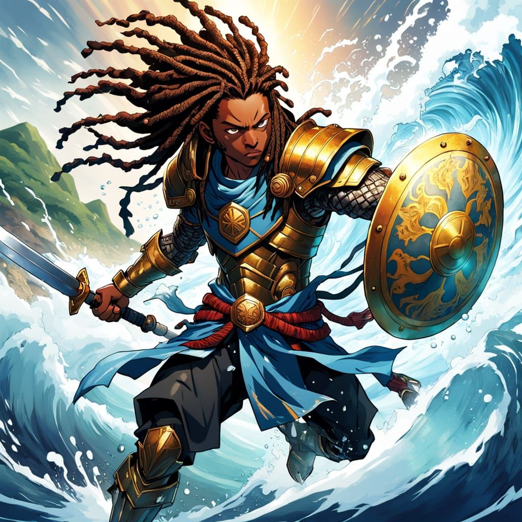 Anime Warrior Stands Within a Circle of Turbulent Waters