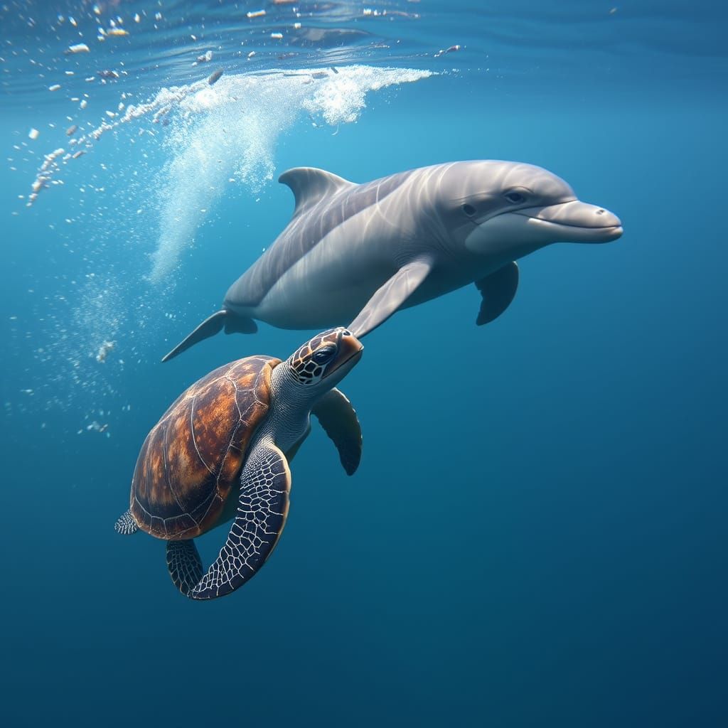 Dolphin and Turtle in Plastic Waste: Environmental Photo