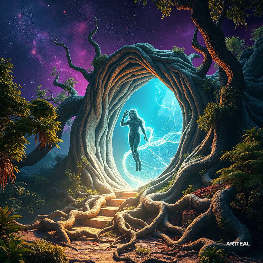 Mystical Avatar Emerges from Portal in Fantasy Style