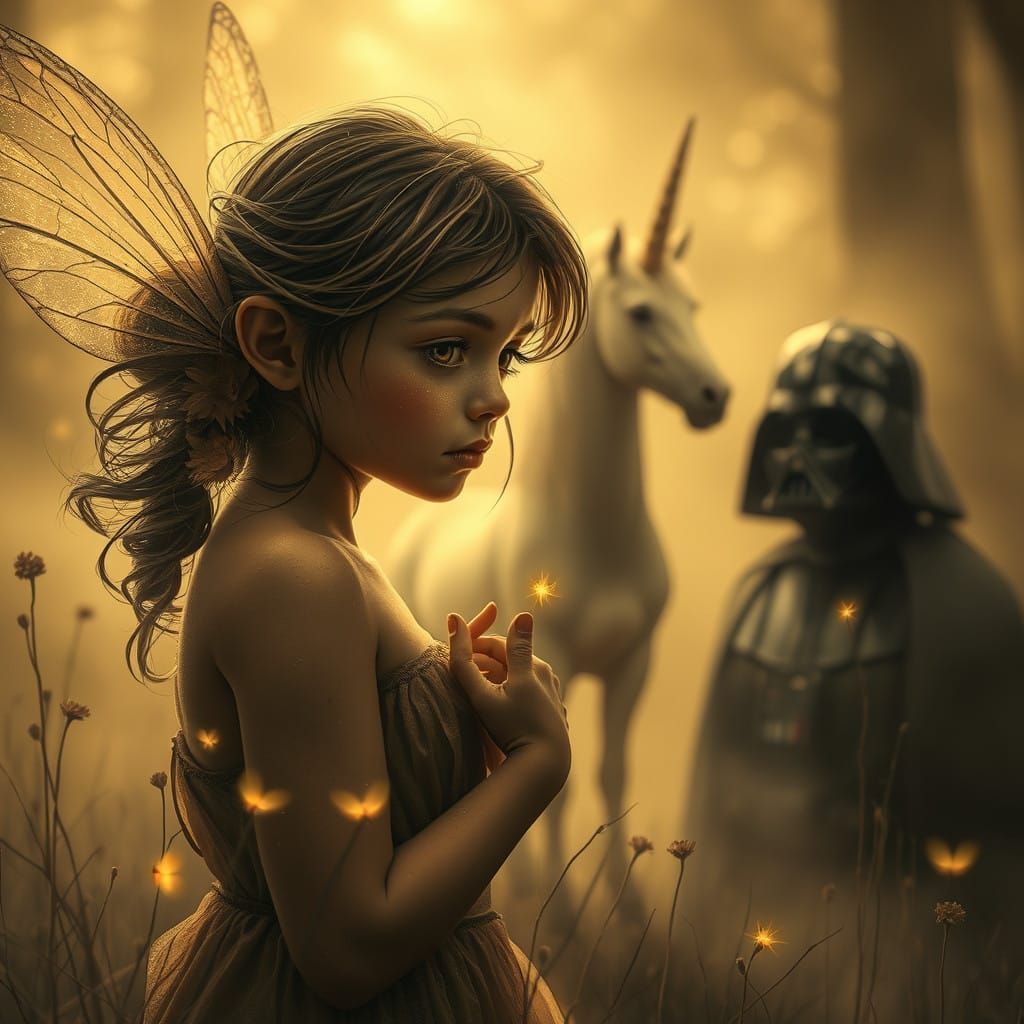 Ethereal Fairy Scene in Sepia Tone with Magical Glow and Uni...