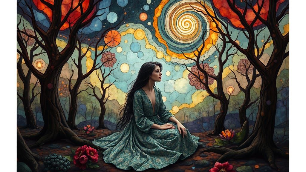 Surreal Forest Figure in Stained Glass Landscape