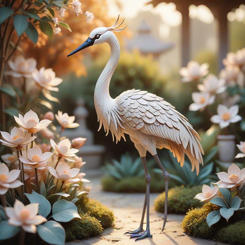 Porcelain Crane in Serene Garden