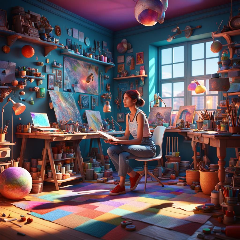 Creative Woman in Colorful Studio: 3D Render