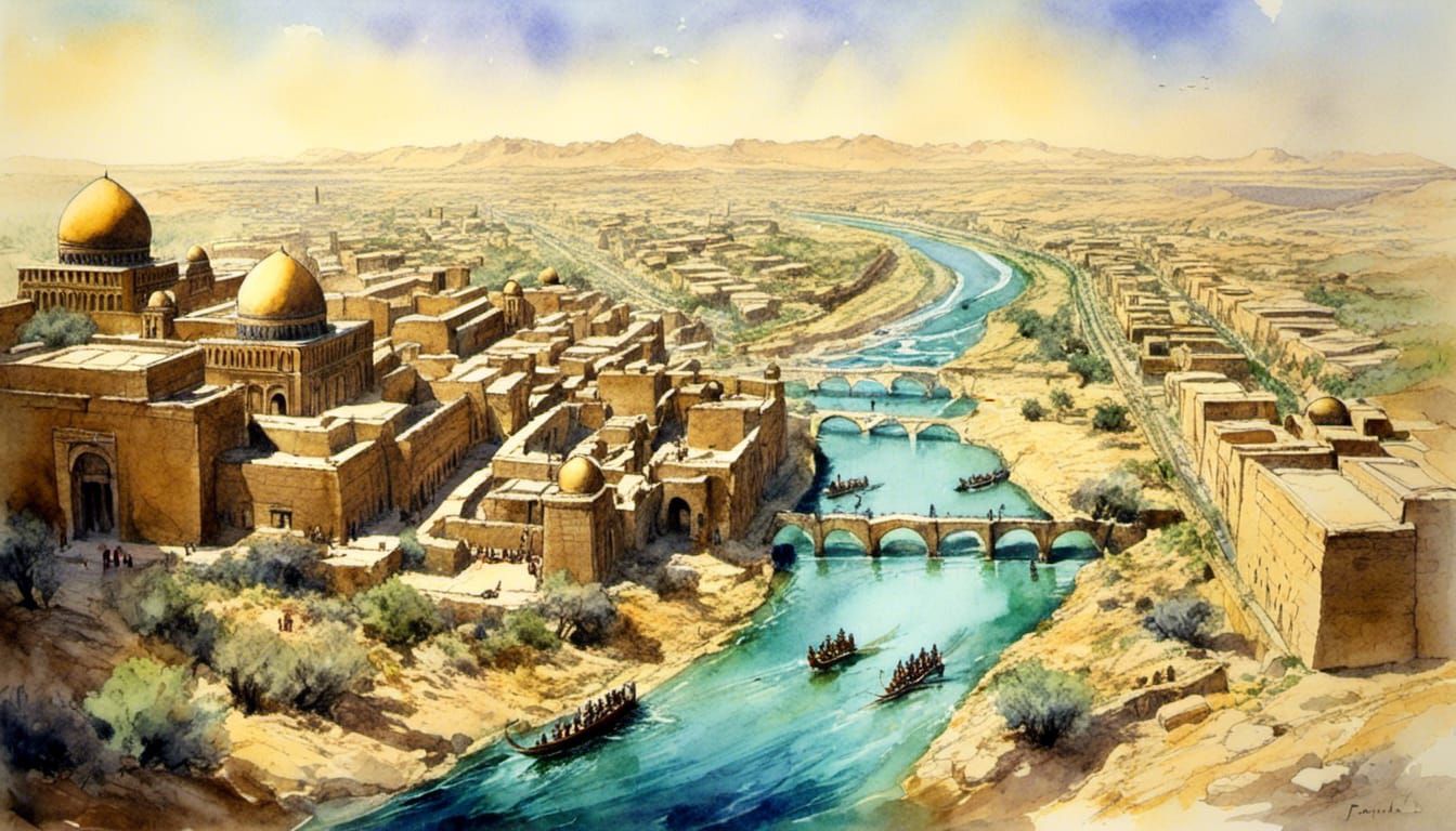 Babylonian River Scene in Loose Watercolor Style