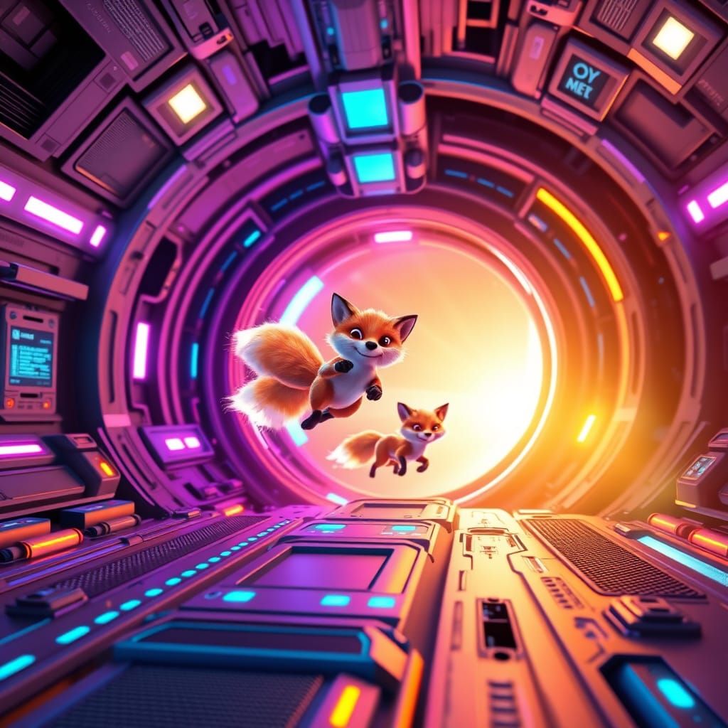 Foxes Travel Through Time Portal in 3D Digital Art