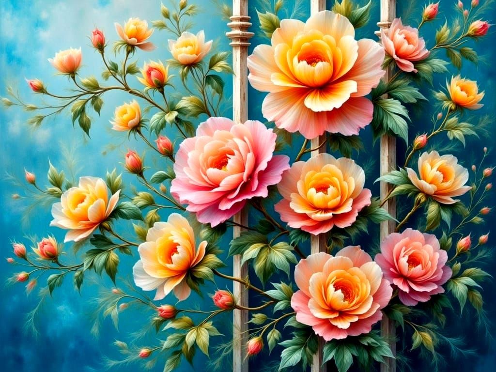 Impasto Roses on Vintage Trellis in Dreamy Abstract Style