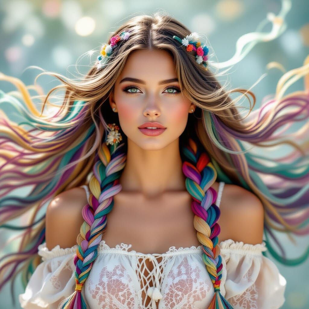 Dreamy Surrealist Woman With Long Colorful Braided Hair