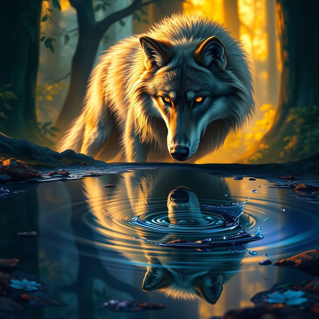 Wolf Contemplates its Reflection in Serene Forest Puddle