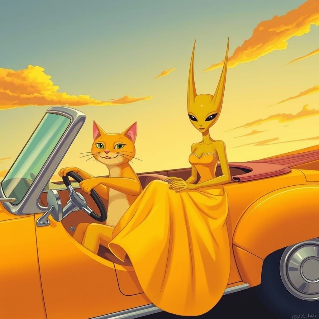 Yellow Cat Drives Alien in Retro-Futuristic Car