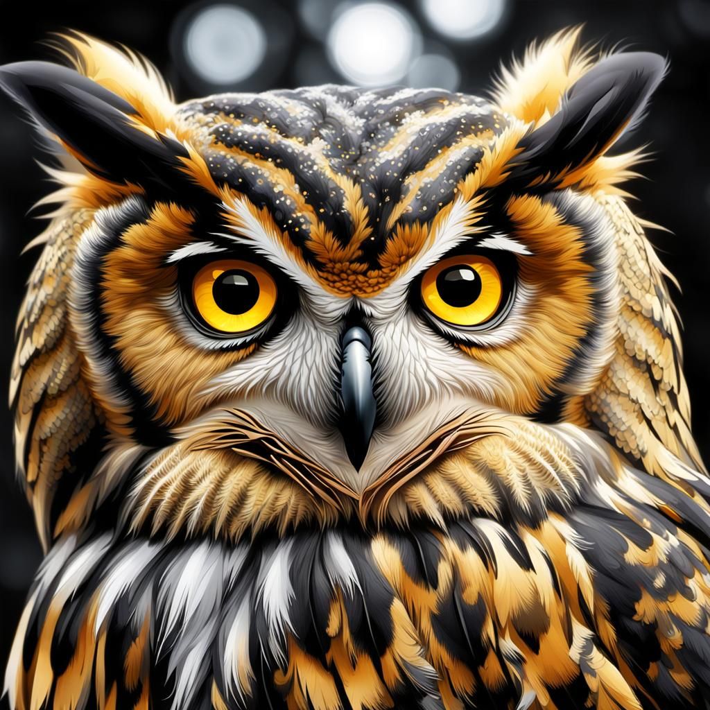 Golden Owl with Reflective Eyes: Hyperdetailed Image