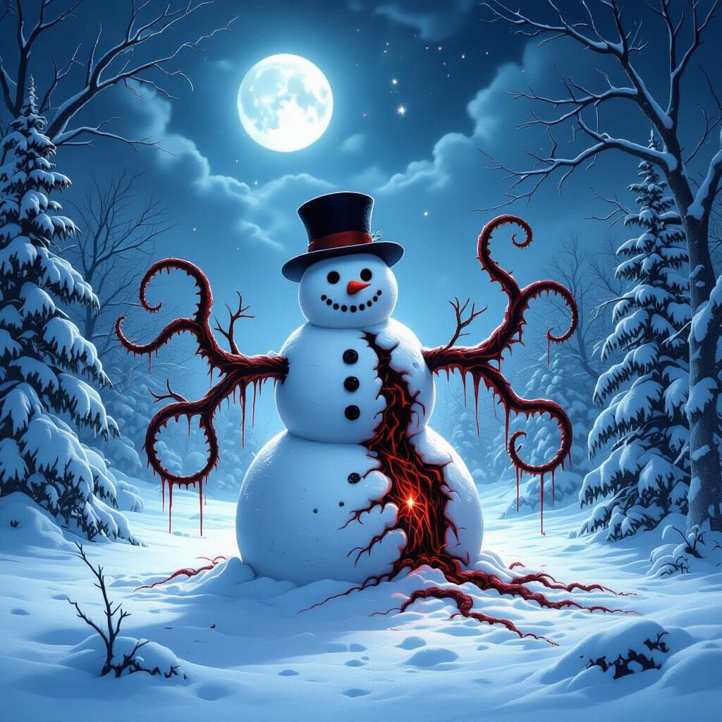 Sinister Tentacles Emerge from Snowman in Dark Fantasy Art