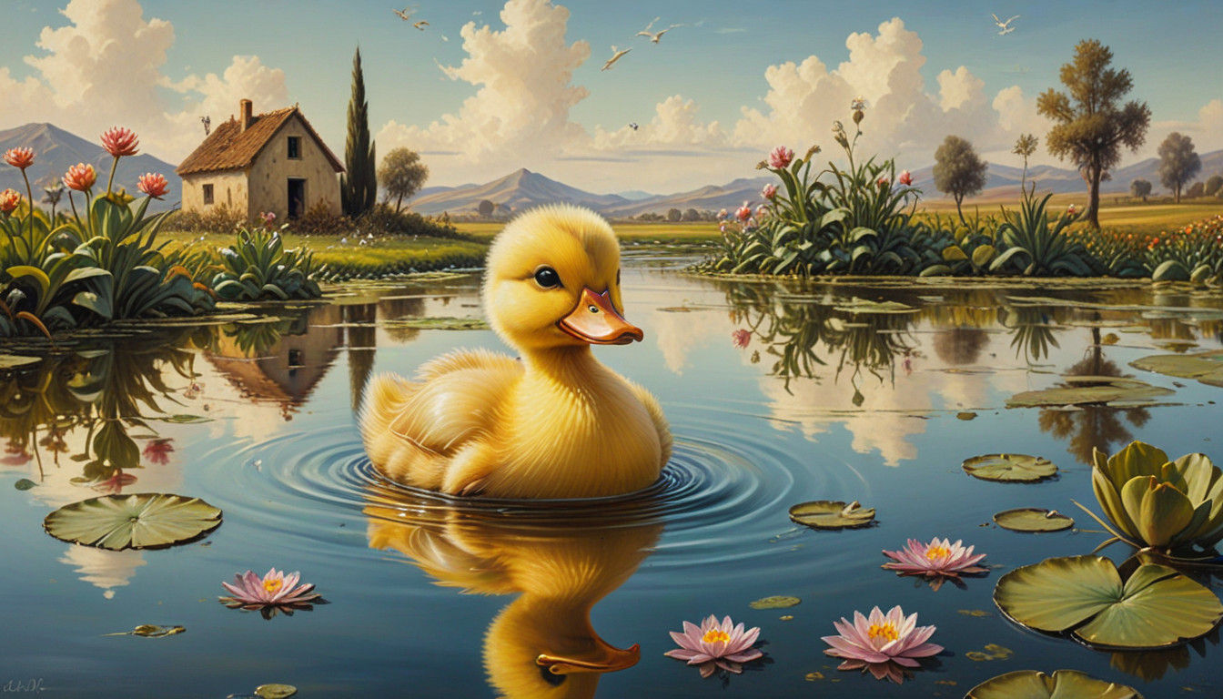 Whimsical Duckling in Surreal Landscape