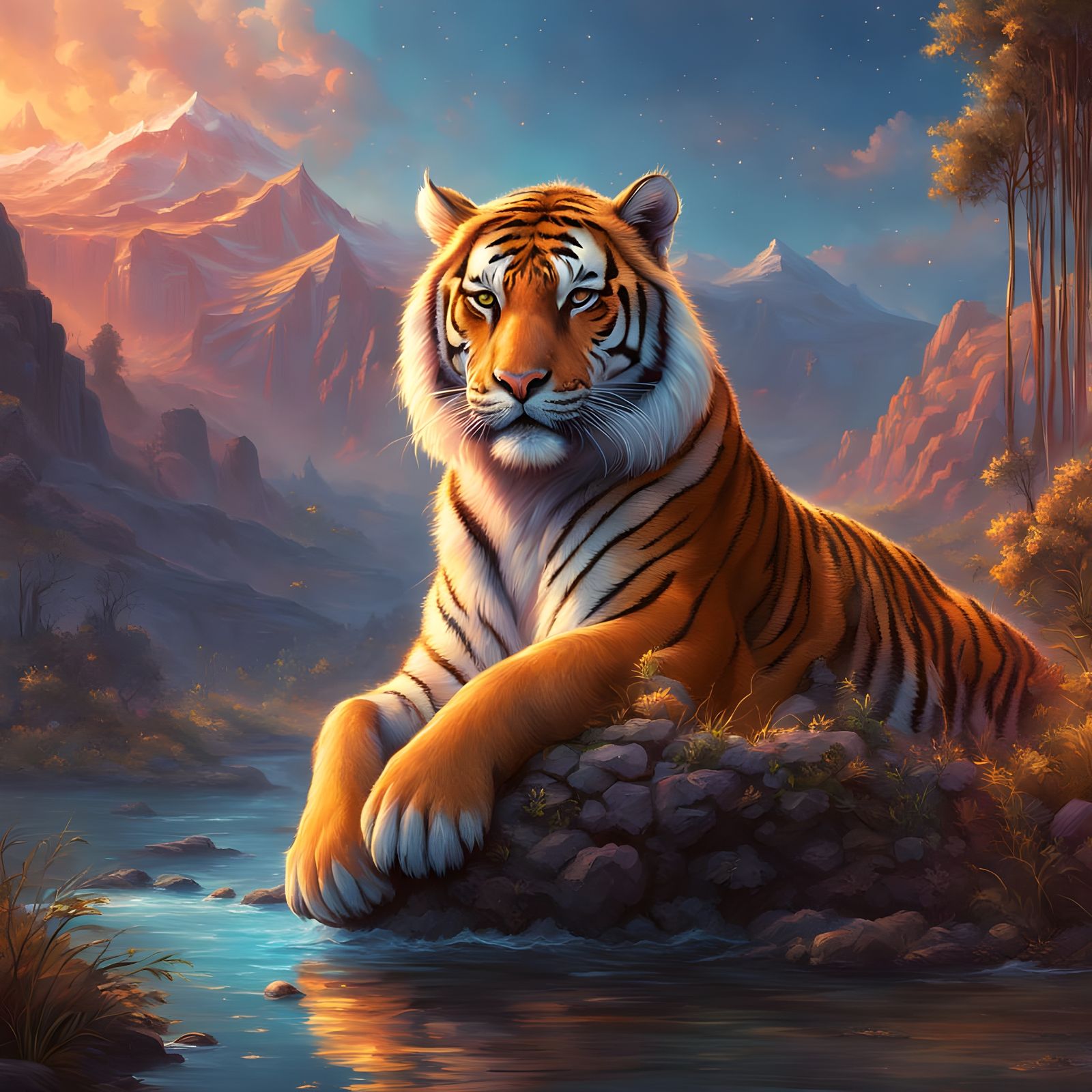 Dreamlike Tiger Oasis at Desert Sunset