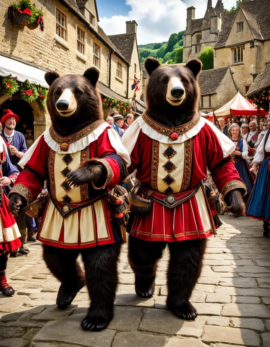 Animatronic Bears Morris Dancing in Medieval Castle Combe