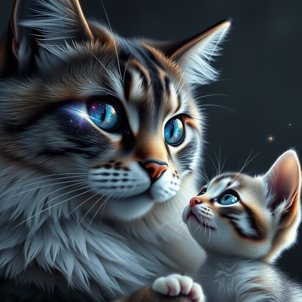 Cosmic Feline Duality in Hyperrealistic Art